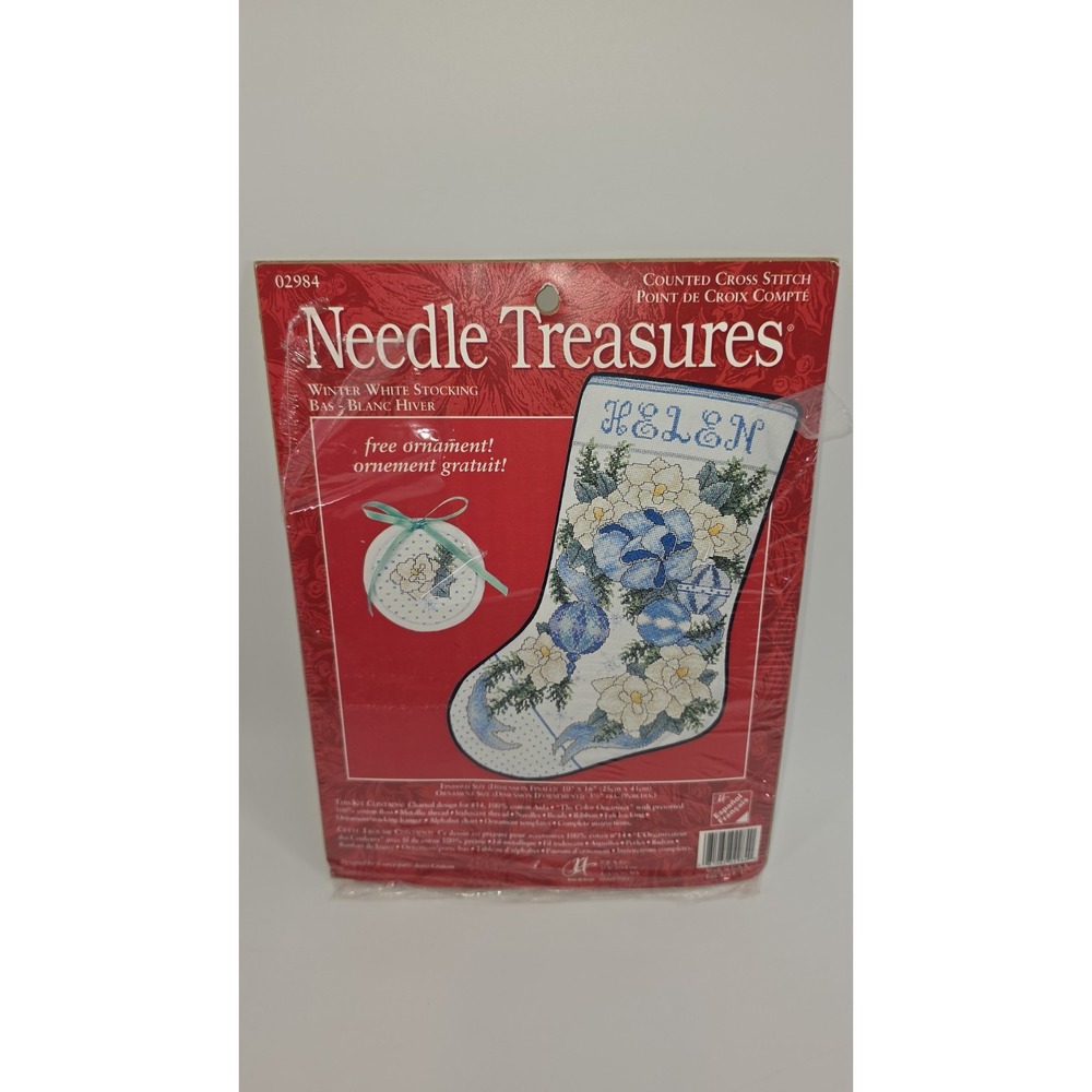 Needle Treasures Stocking Cross Stitch Kit 02984 White Blue Ornaments Floral Vtg